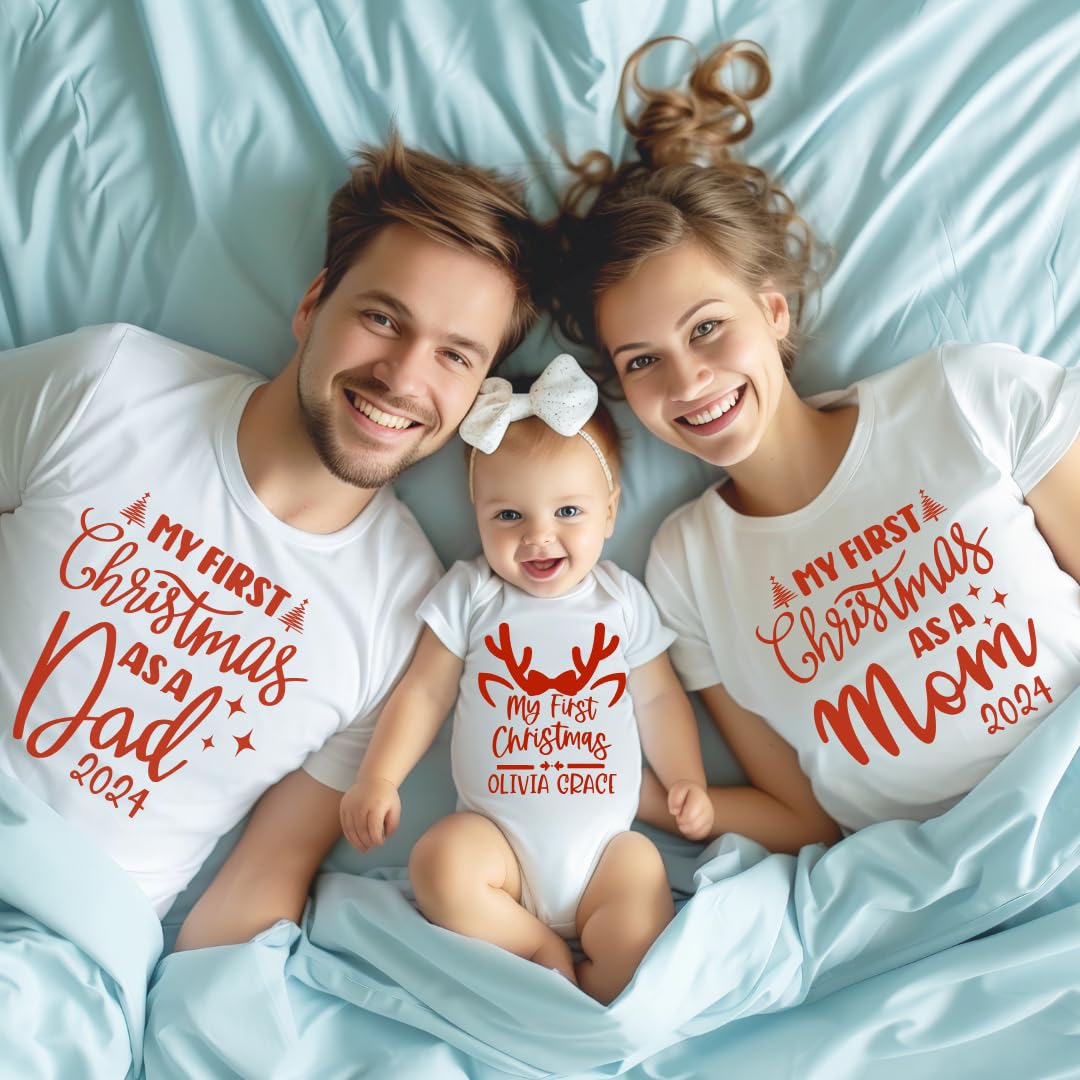 Our First Christmas Mom Dad Baby Matching Shirts 2024