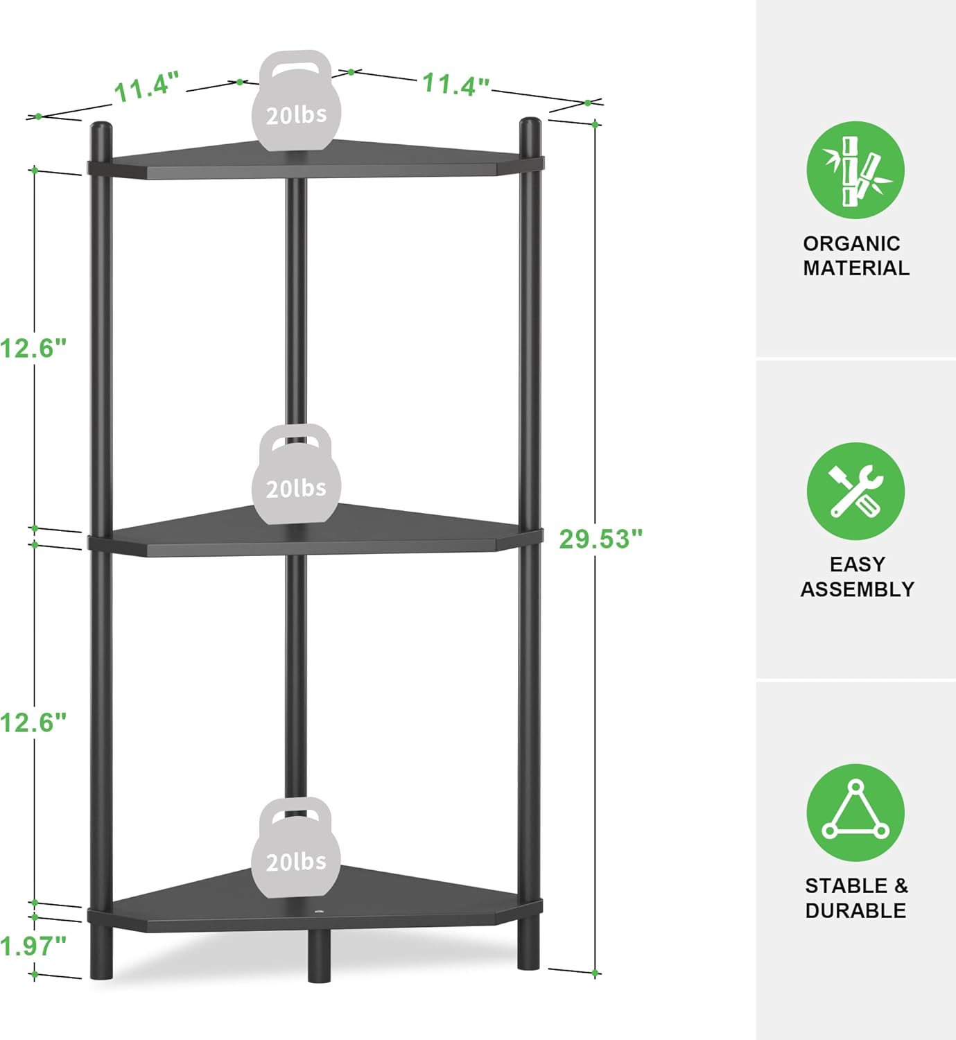 Wisuce 3 Tier Bamboo Corner Shelf - Black