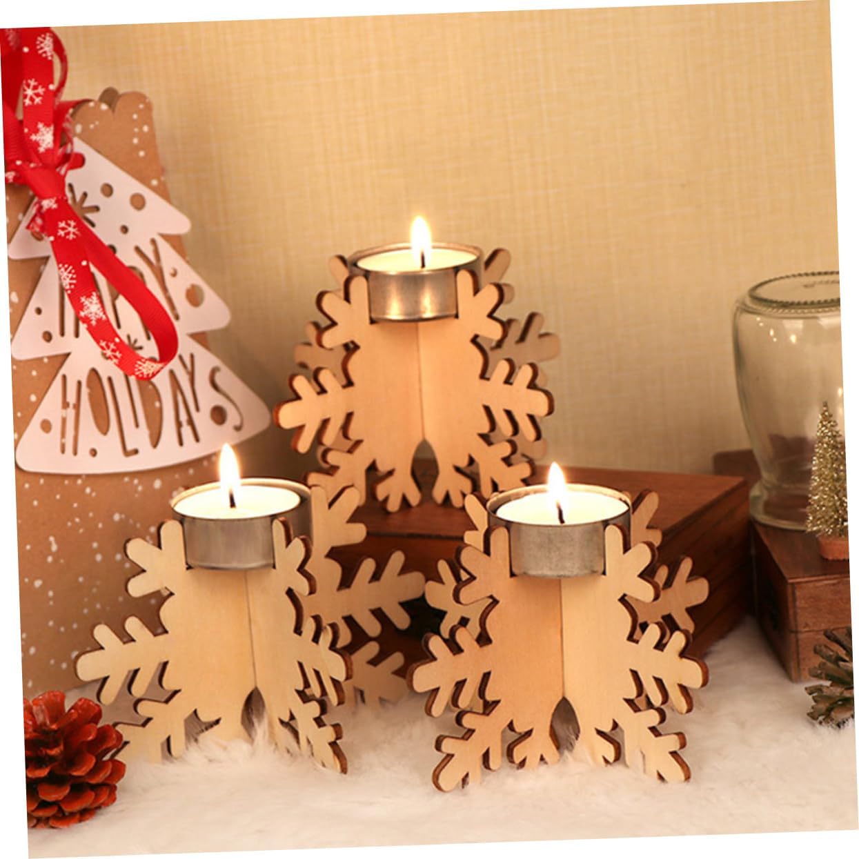 CHILDWEET Christmas Snowflake Candlestick 6 Pack Wooden Holder 1