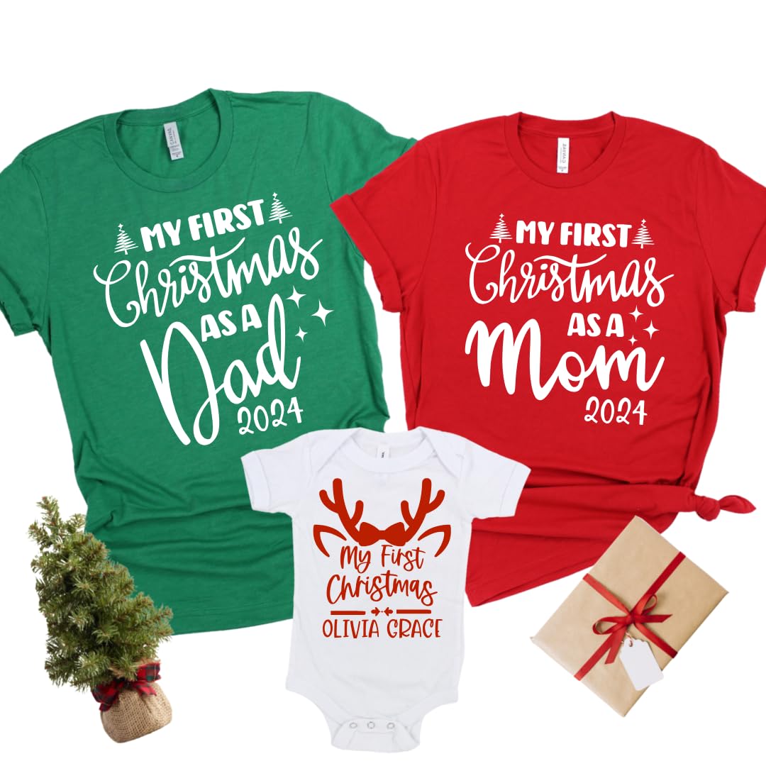 Our First Christmas Mom Dad Baby Matching Shirts 2024