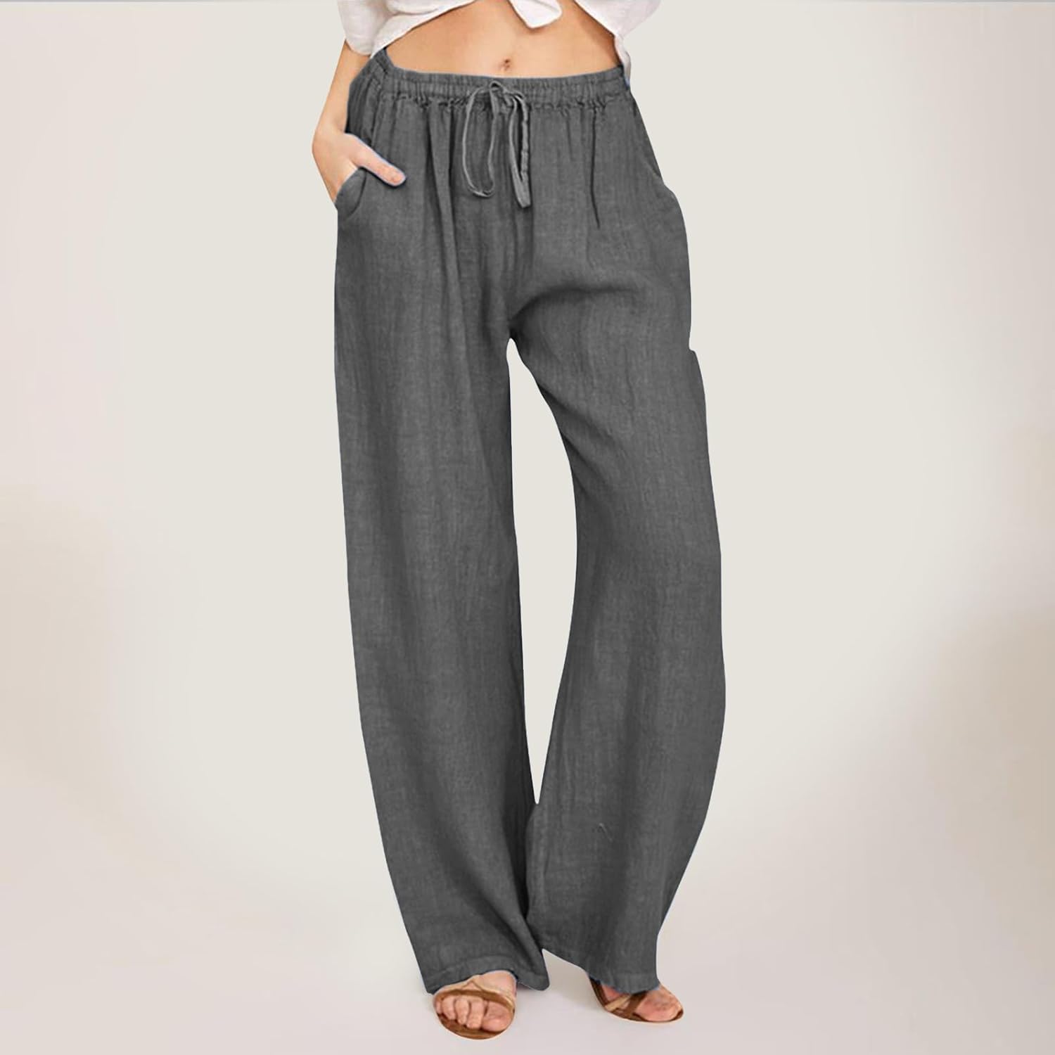 Womens High Waisted Wide Leg Linen Cropped Trouser with Pocket