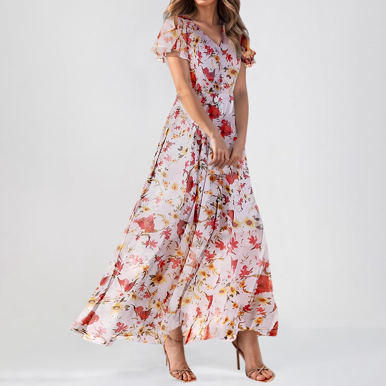 Plus Size Chiffon Dress V Neck Floral Print Swing