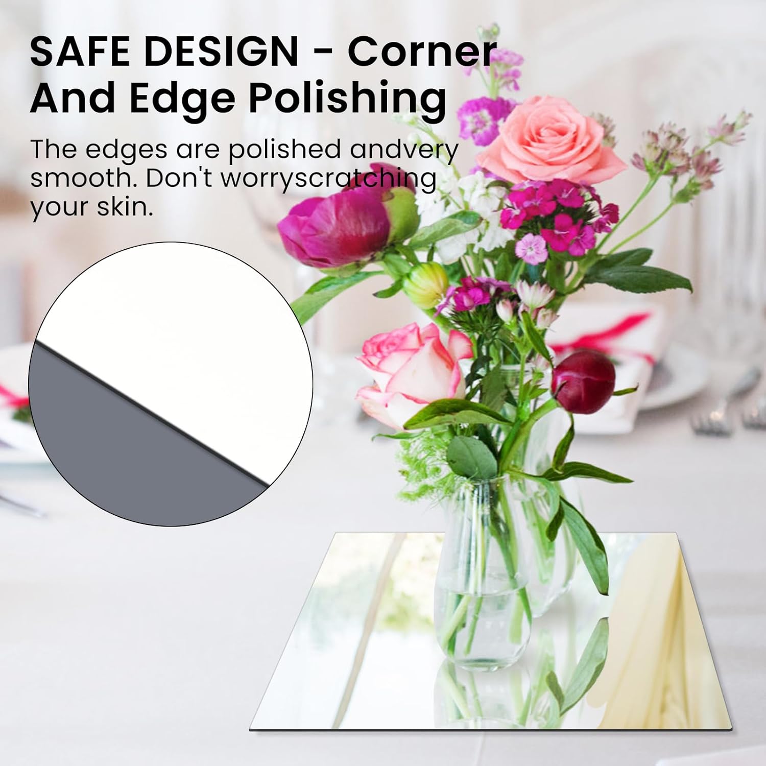 8 Square Glass Mirror Centerpieces 12Pcs with Non-Slip Feet