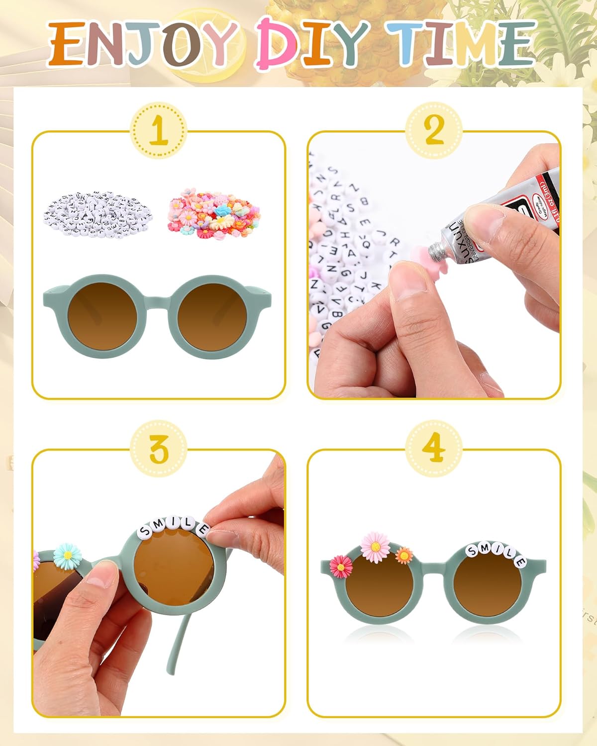Kanayu Kids Round Sunglasses DIY Kit with Letter Beads and Flower Charms