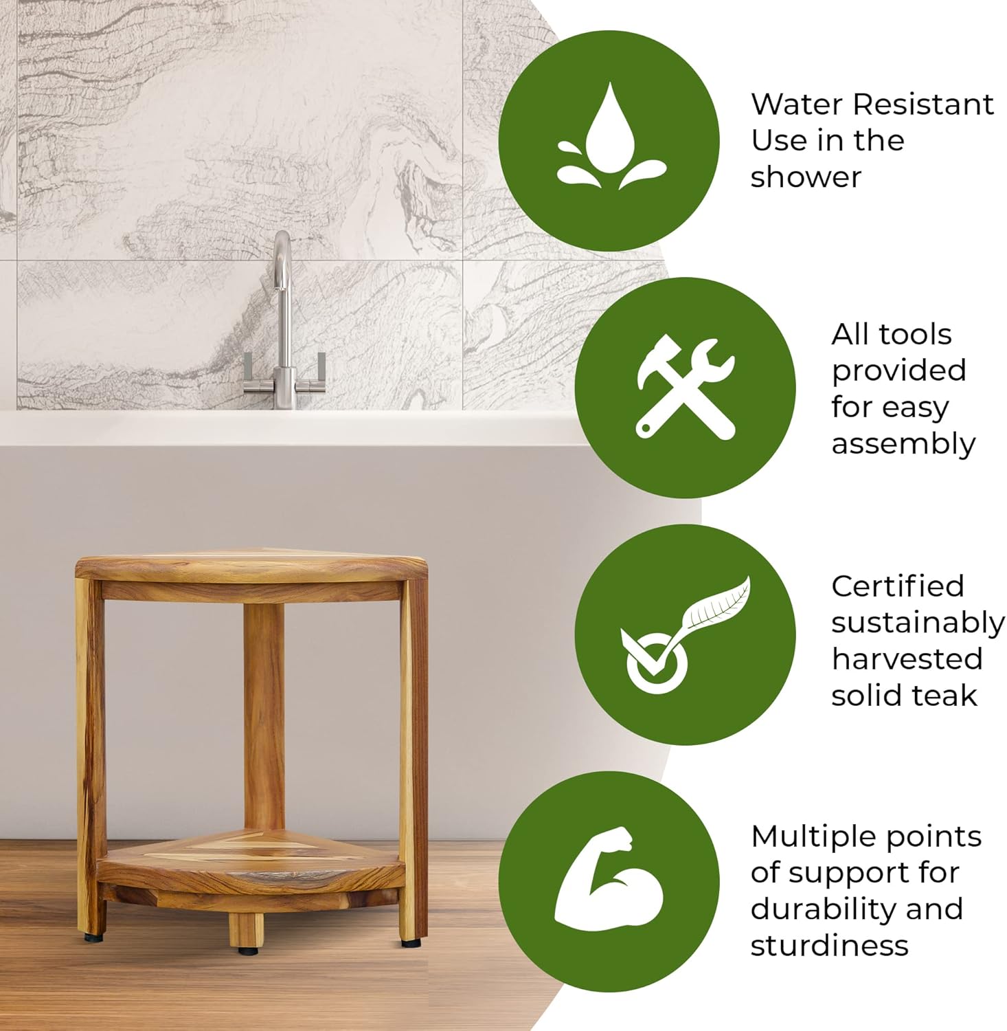EcoDecors Teak Wood Corner Shower Stool with Shelf