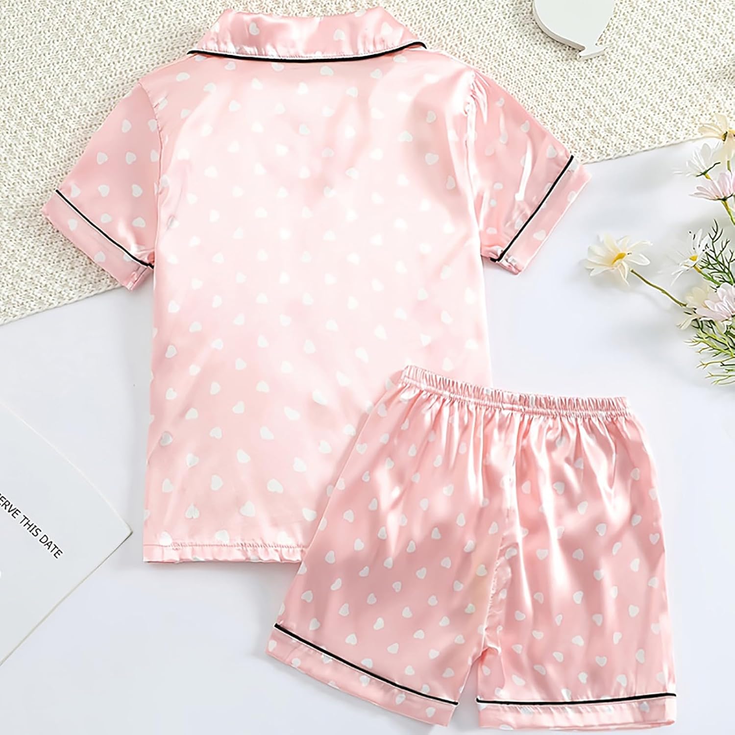 Toddler Girls Satin Pajamas Set with Heart Print and Buttons