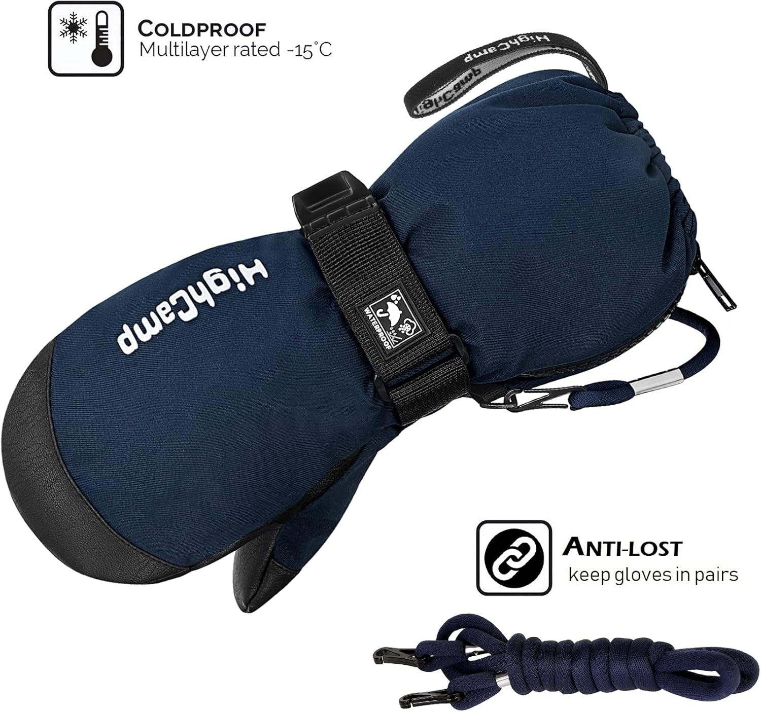 HIGHCAMP Kids Ski Mittens Waterproof Winter Gloves with Zipper and String