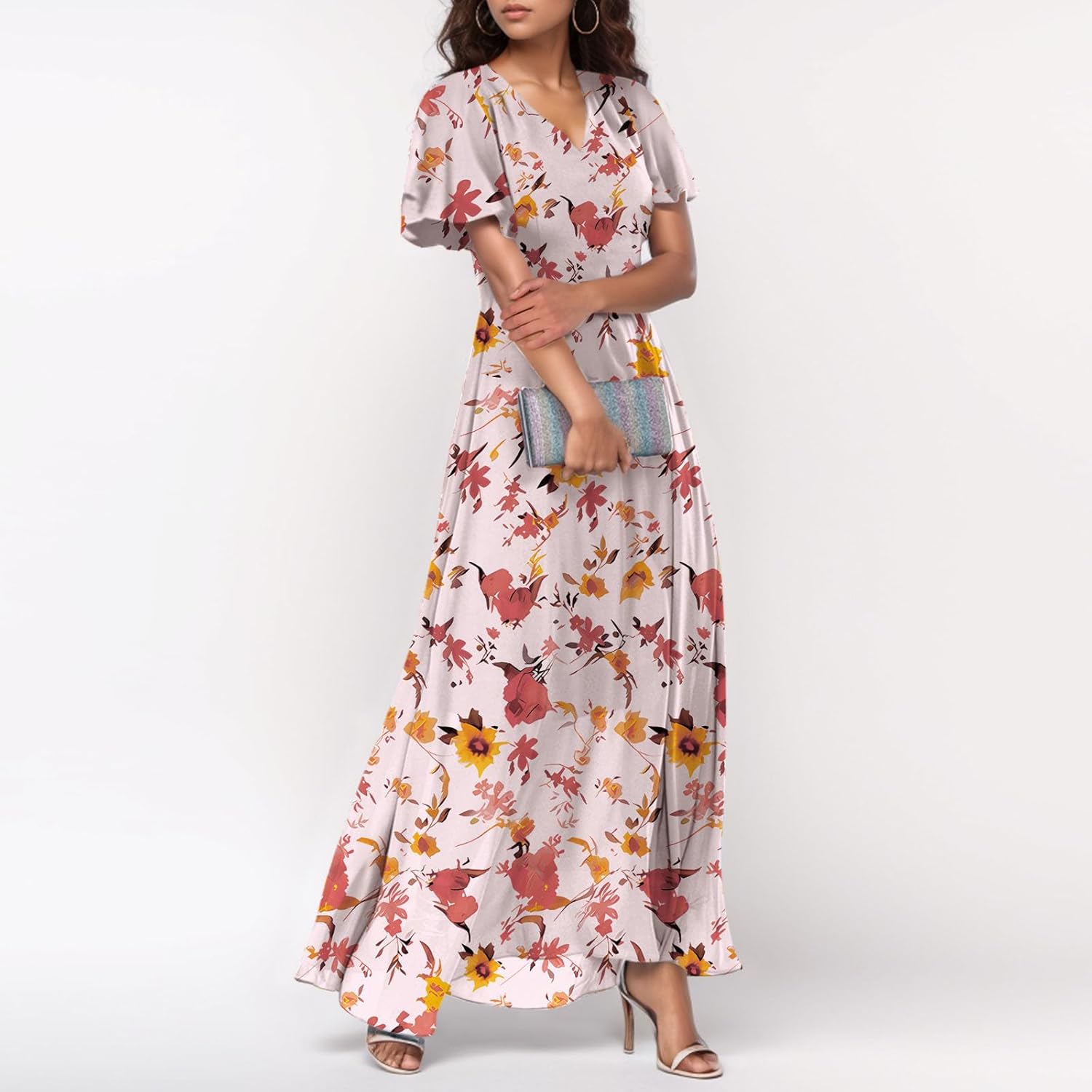 Plus Size Chiffon Dress V Neck Floral Print Swing