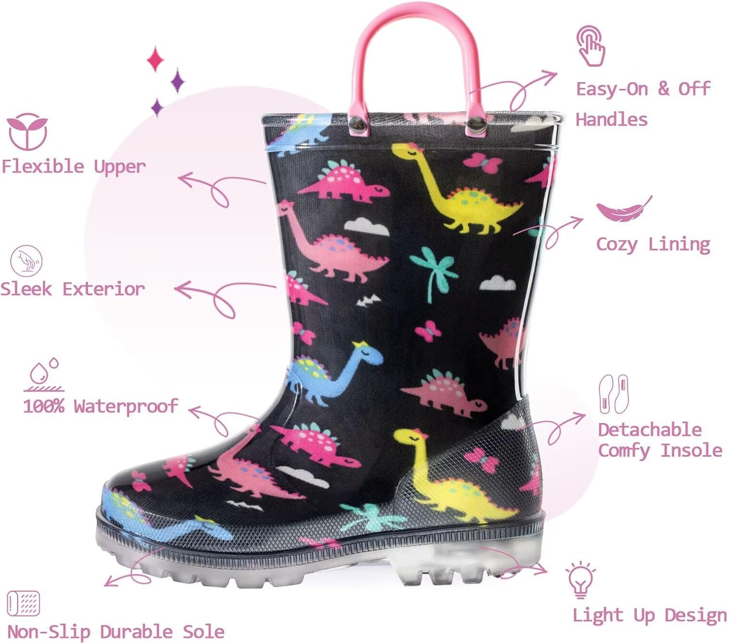 EUXTERPA Kids Waterproof Light Up Rain Boots with Glitter and Handles