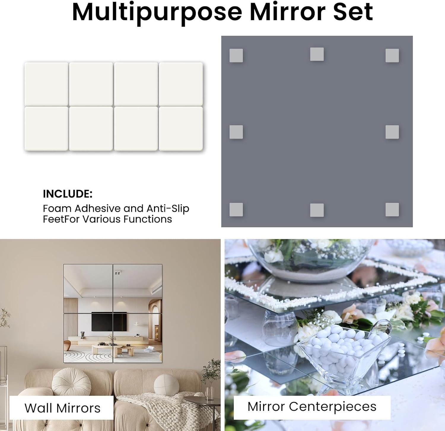 8 Square Glass Mirror Centerpieces 12Pcs with Non-Slip Feet