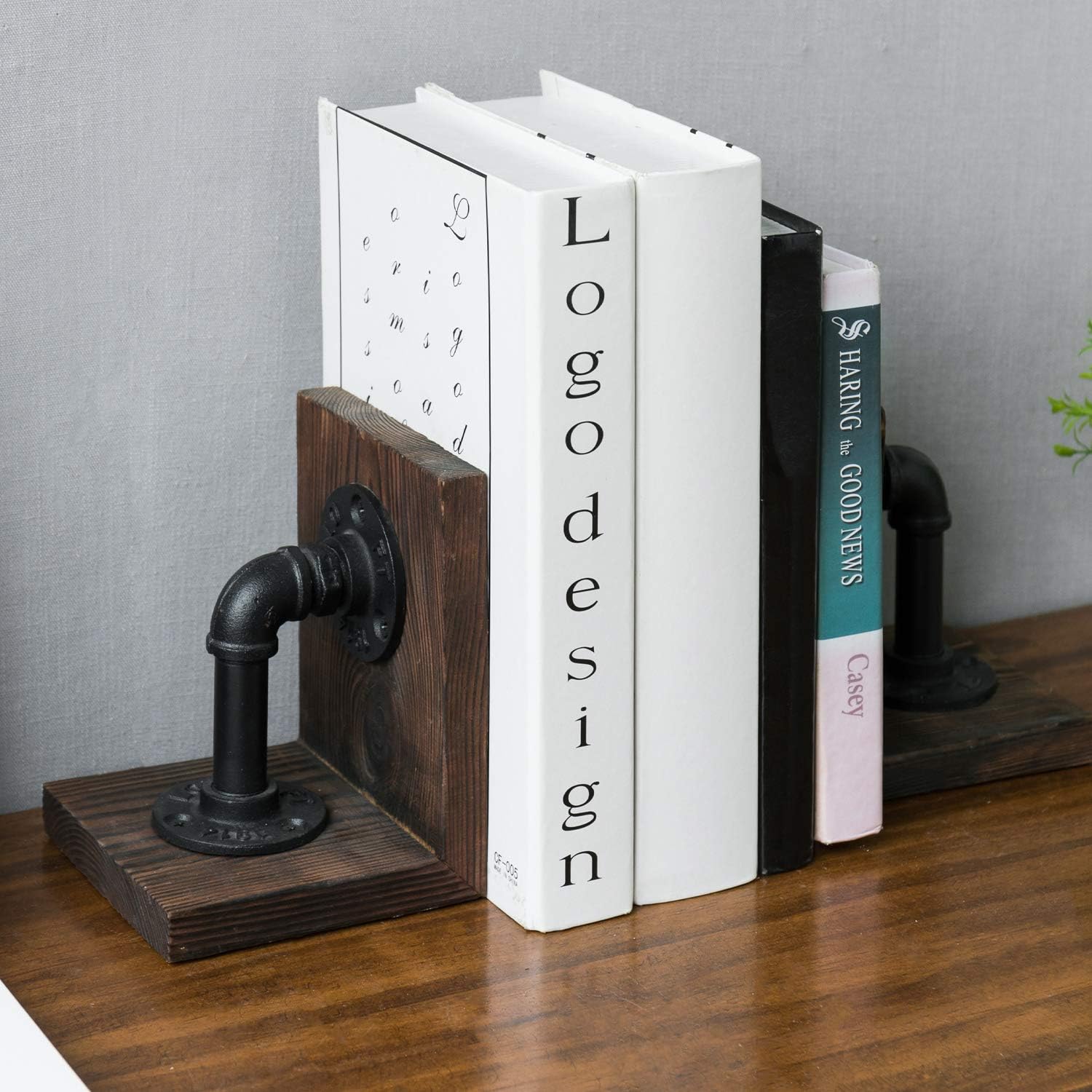 MyGift Dark Brown Bookends with Wood and Metal