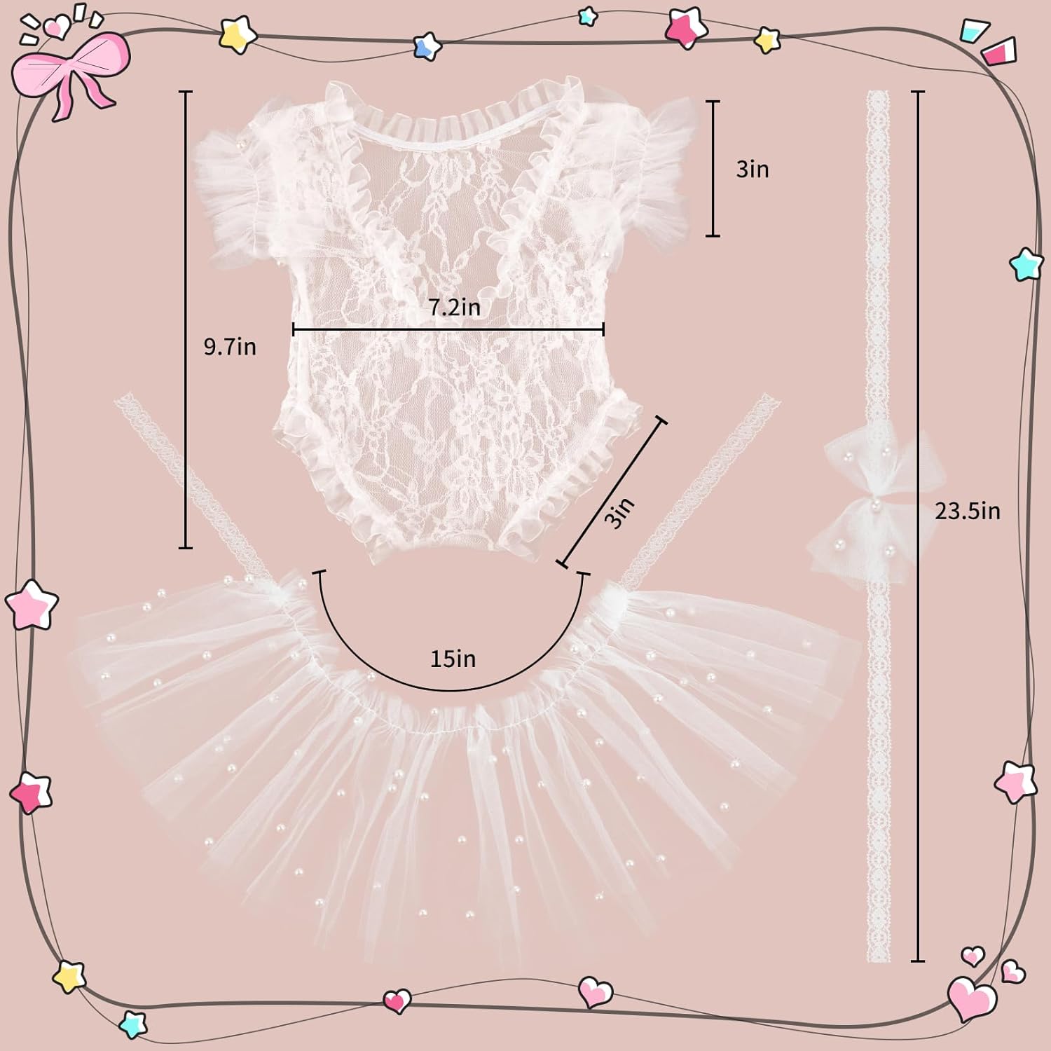 BLUETOP Newborn Girl Pearl Lace Romper Set