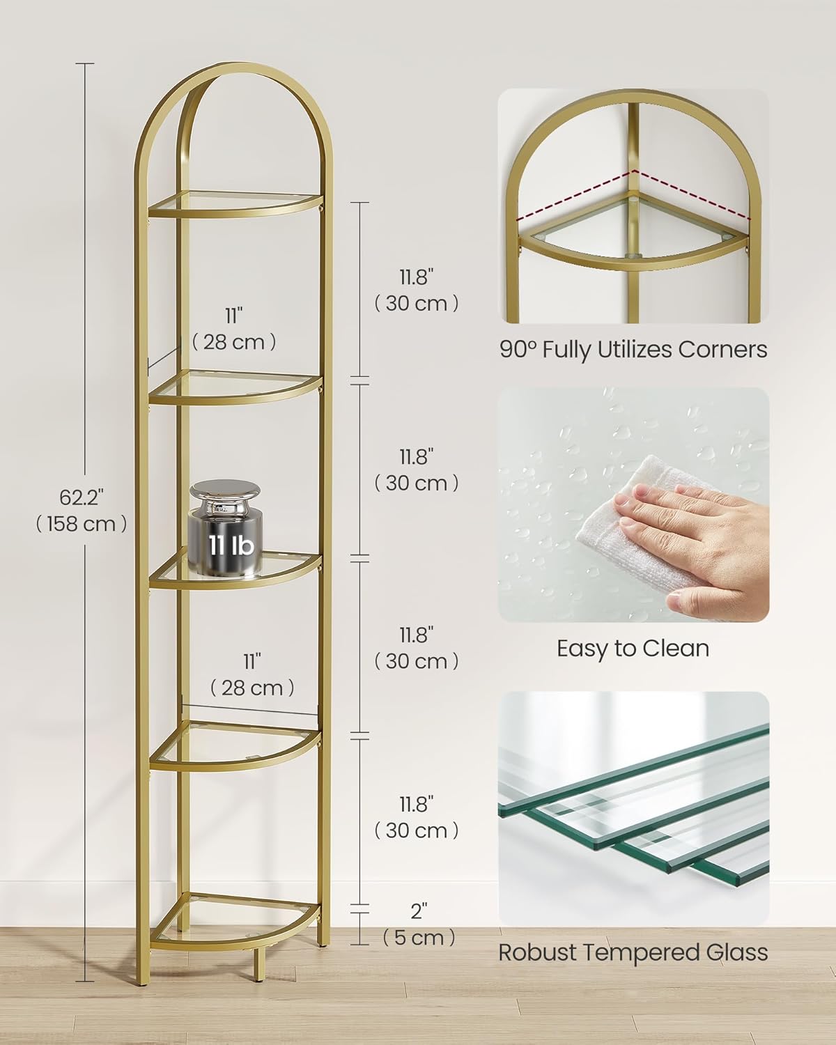 VASAGLE 5-Tier Corner Shelf Stand with Tempered Glass