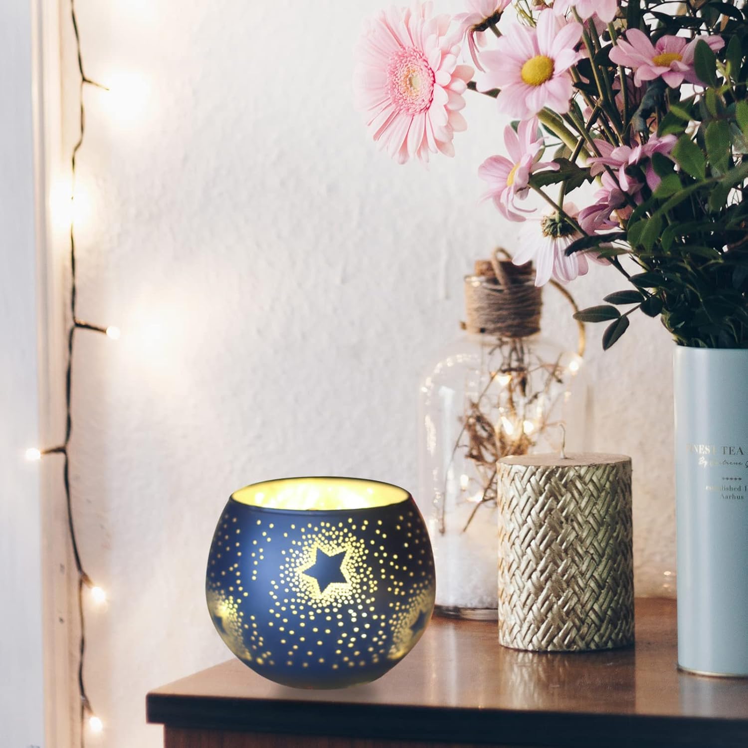 Beaupretty Glass Candle Holders with Star Decor Blue