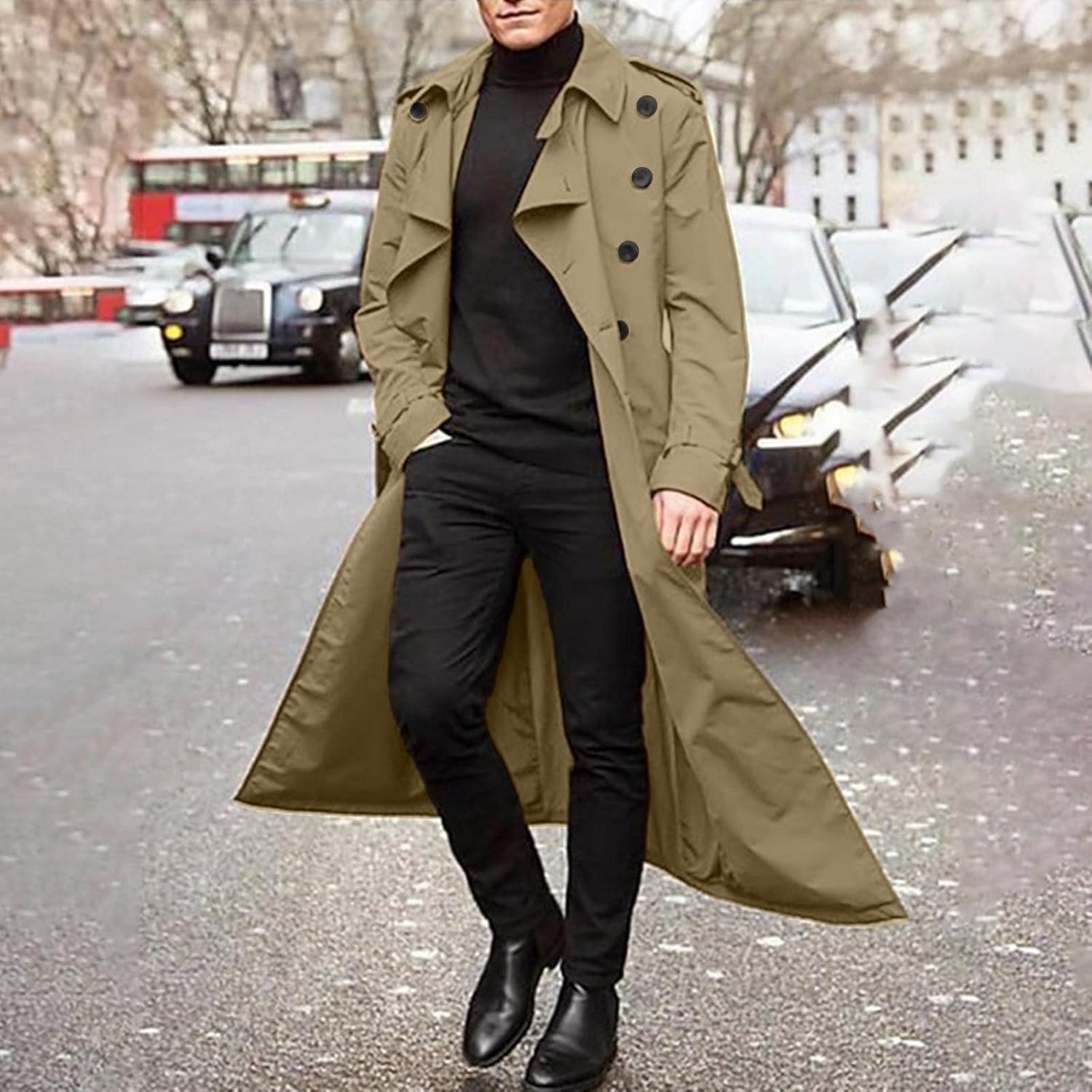 Mens Double Breasted Trench Coat Windbreaker with Belt