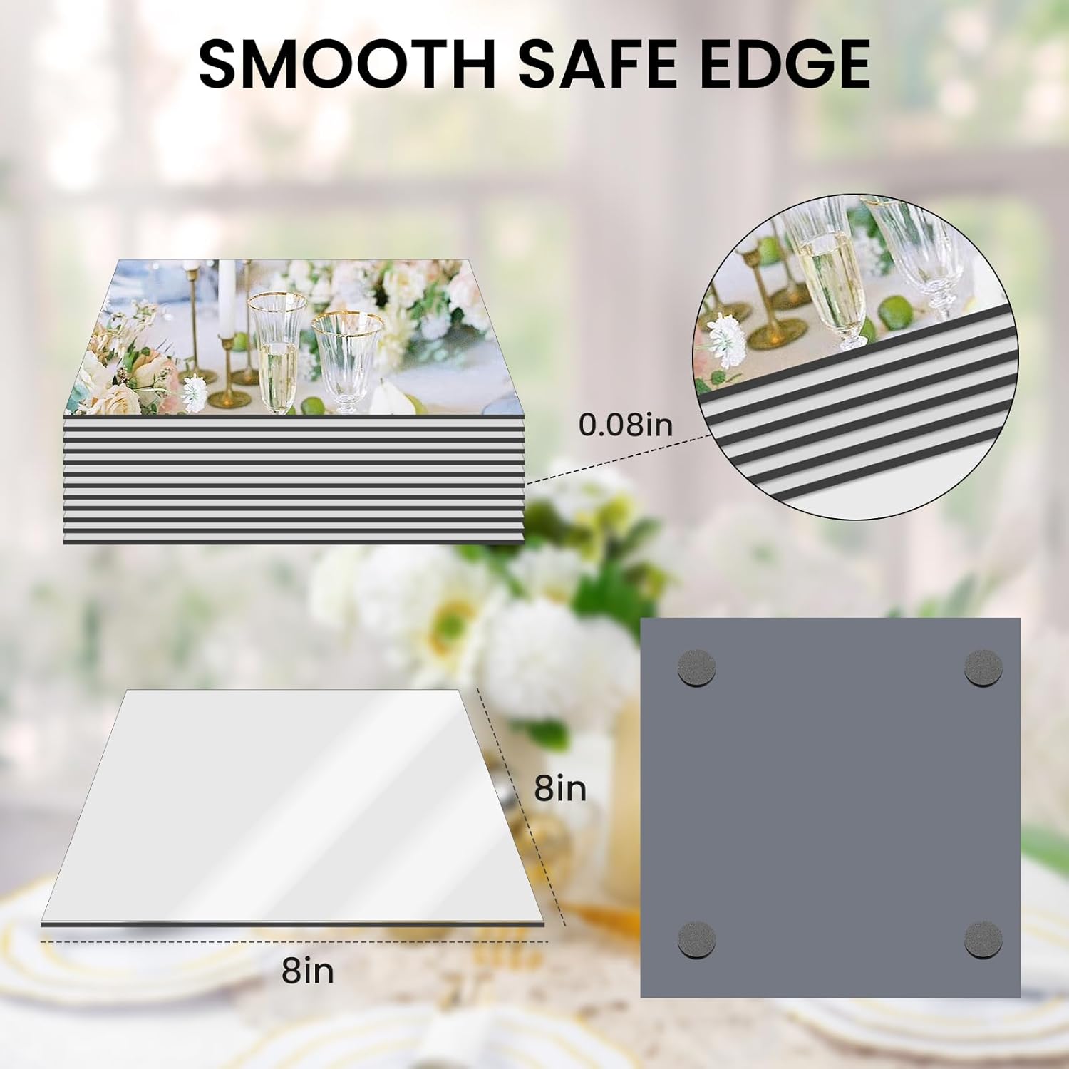 8 Square Glass Mirror Centerpieces 12Pcs with Non-Slip Feet