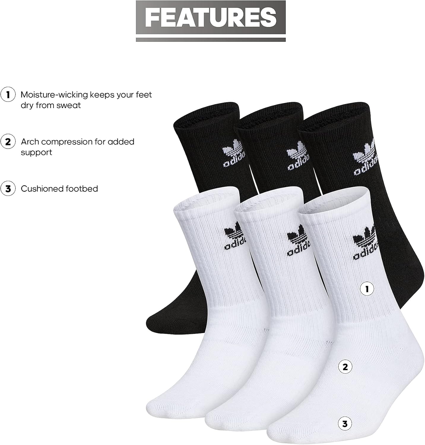 adidas Originals Kids Crew Socks 6 Pair Athletic Cushioned Breathing