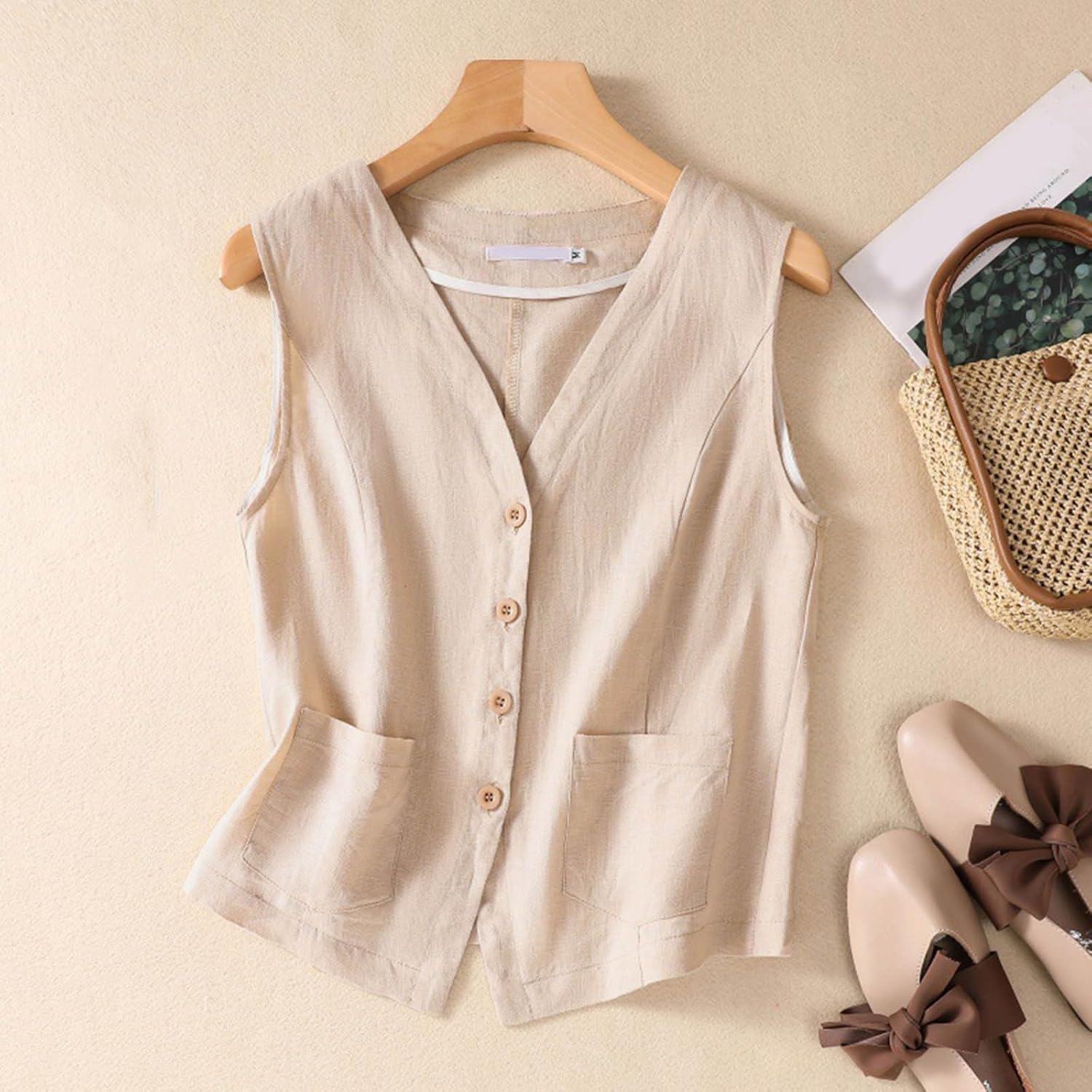 Womens Linen Shirts Summer Casual Loose Fit Button Down Blouse Tops