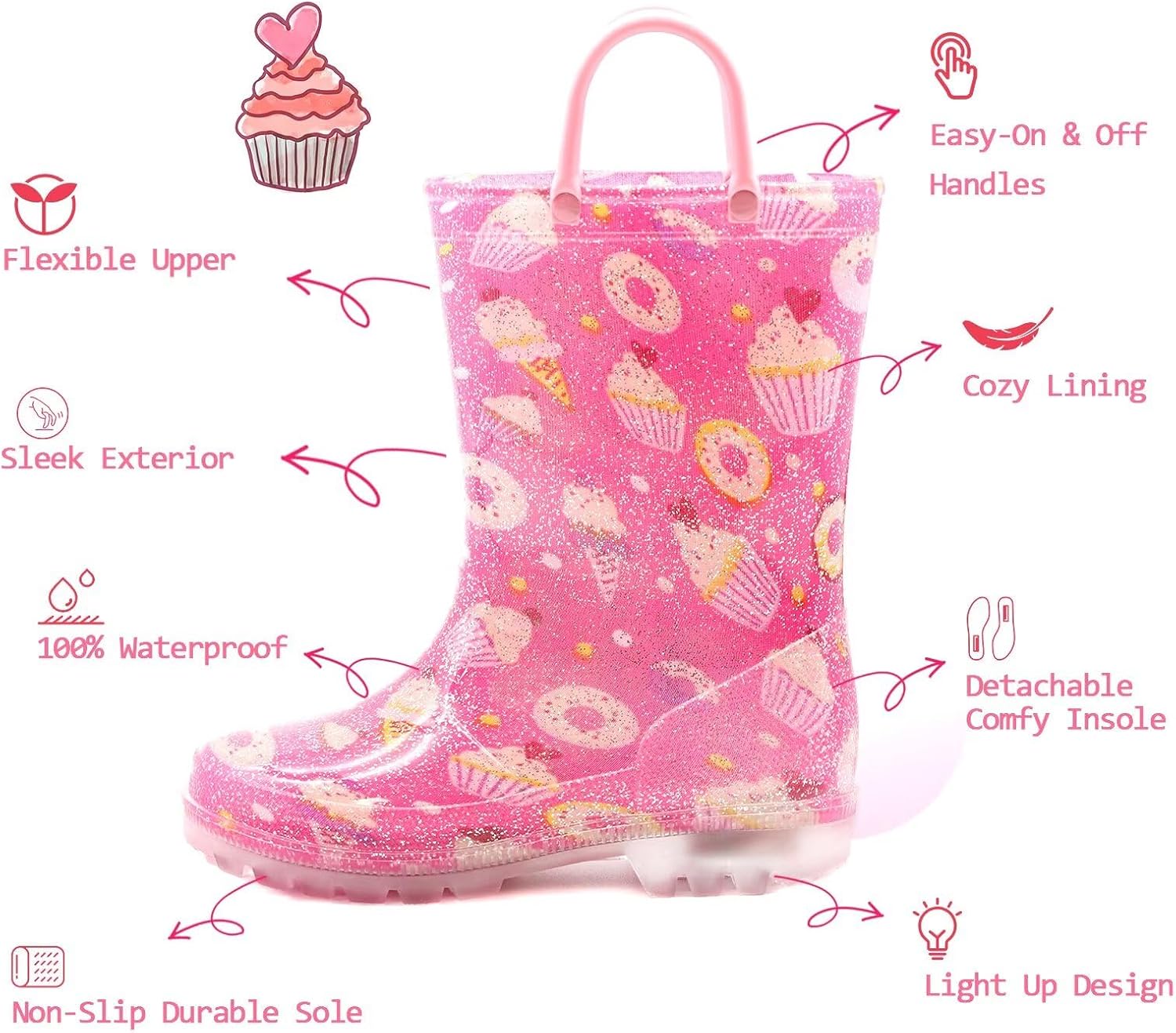 EUXTERPA Kids Light Up Waterproof Rain Boots with Glitter and Easy On Handles