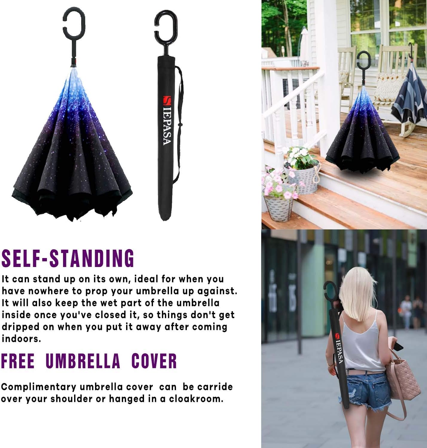 SIEPASA 49 Inch Reverse Stick Umbrella with Double Canopy