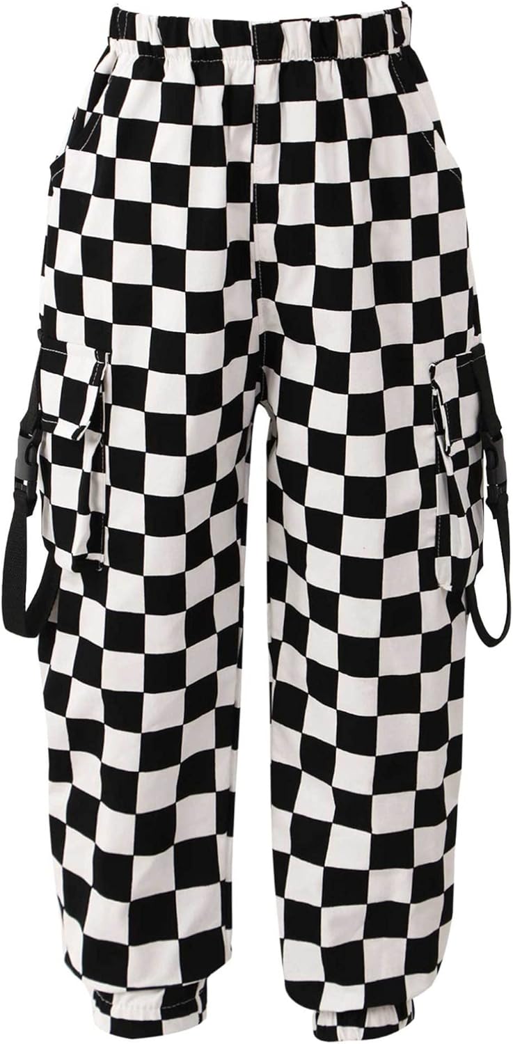 Aislor Kids Girls Plaid Print Cargo Jogger Pants