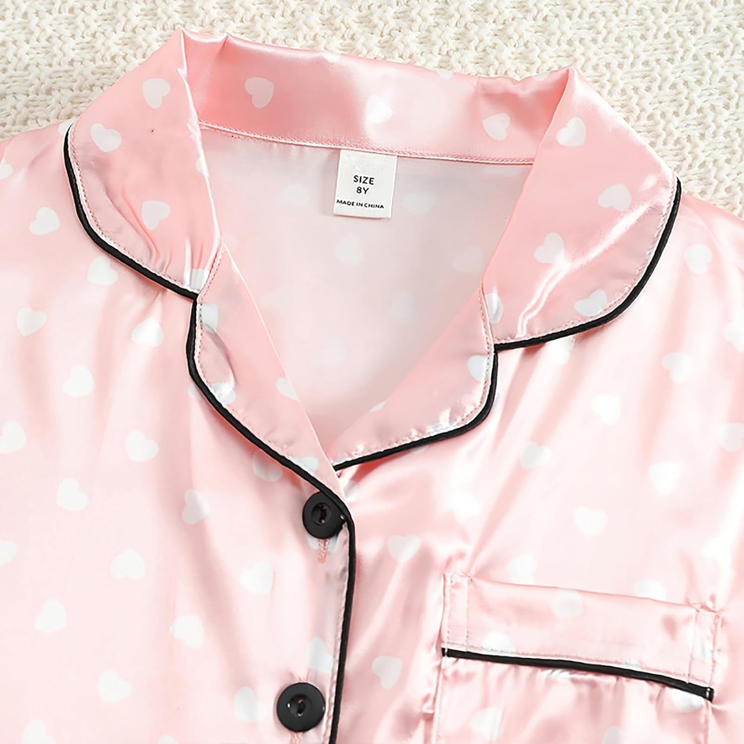 Toddler Girls Satin Pajamas Set with Heart Print and Buttons