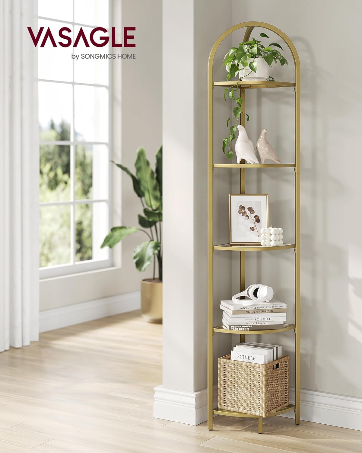 VASAGLE 5-Tier Corner Shelf Stand with Tempered Glass
