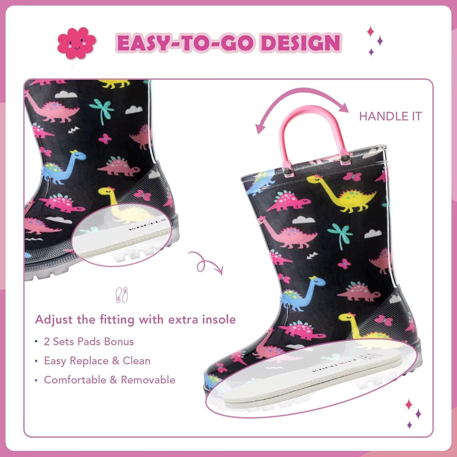 EUXTERPA Kids Waterproof Light Up Rain Boots with Glitter and Handles
