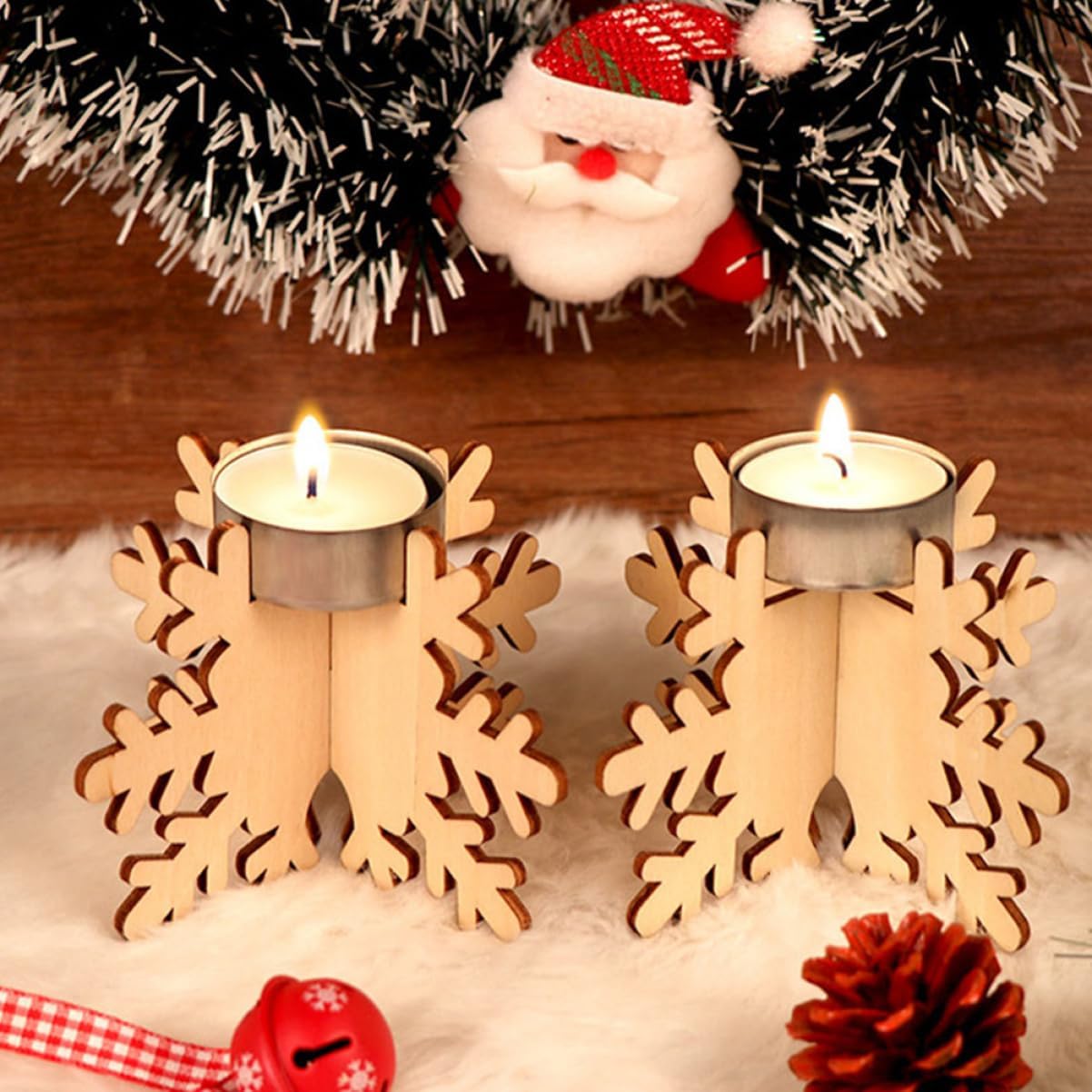 Snowflake Shape Wooden Candlestick Set 6pcs Christmas Decor