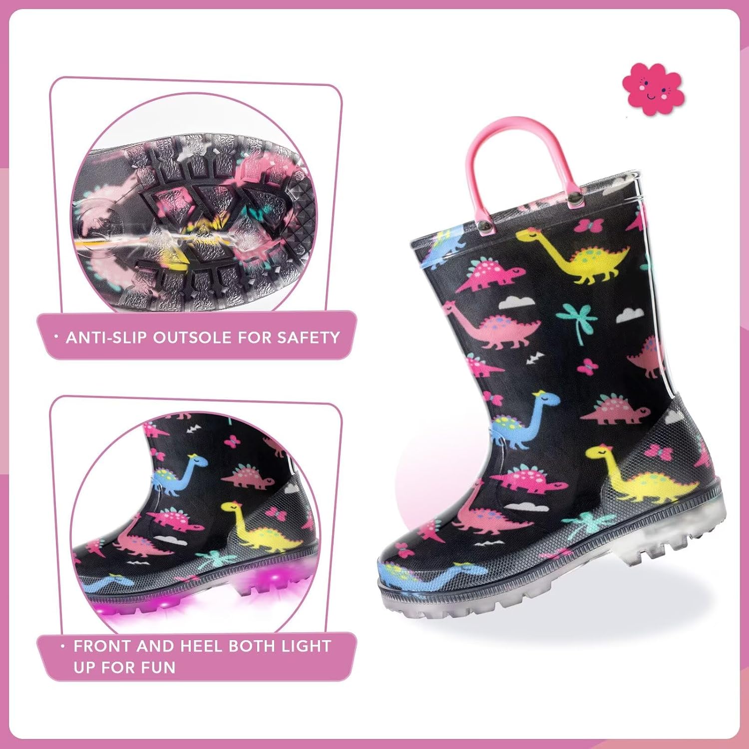 EUXTERPA Kids Waterproof Light Up Rain Boots with Glitter and Handles