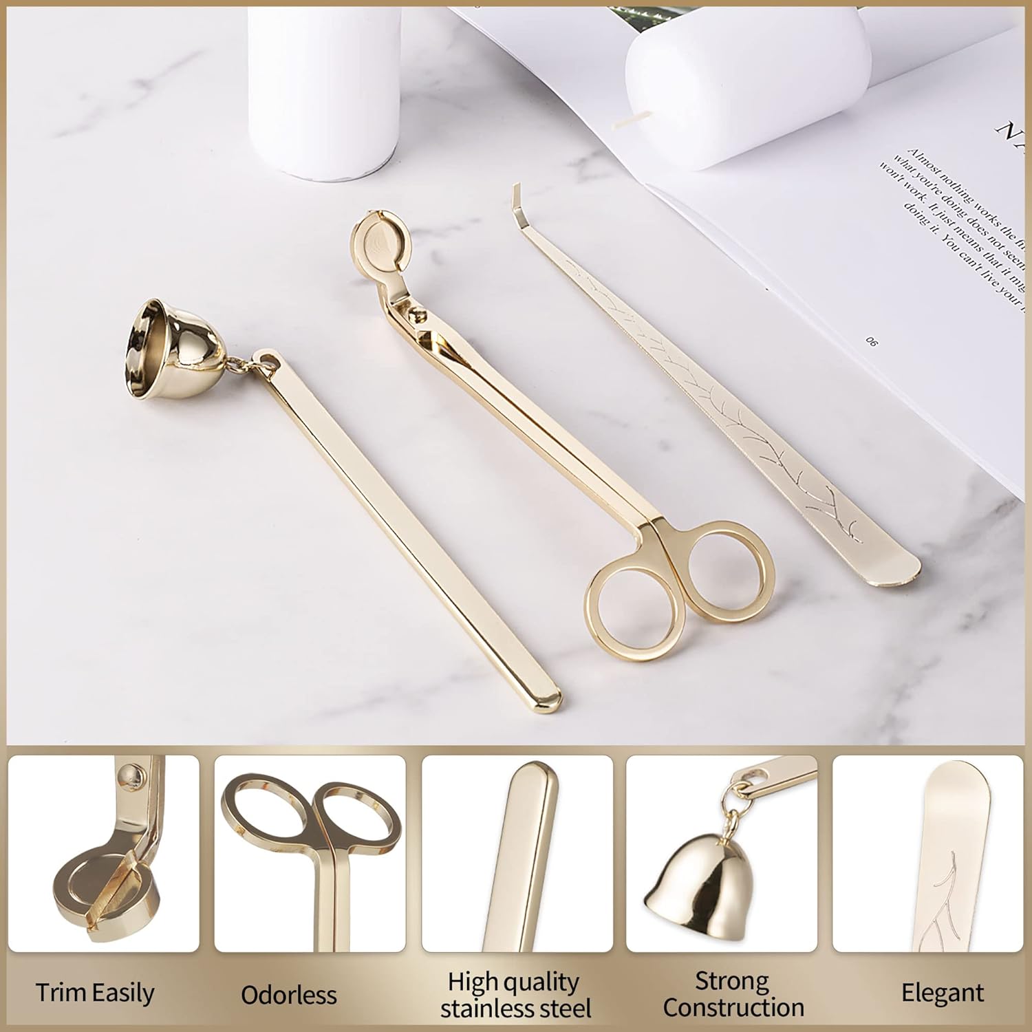 3-in-1 Candle Accessory Set - Wick Trimmer Dipper Cutter Snuffer Gold