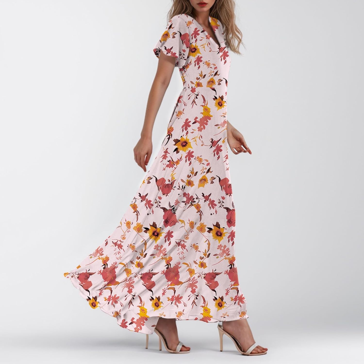 Plus Size Chiffon Dress V Neck Floral Print Swing