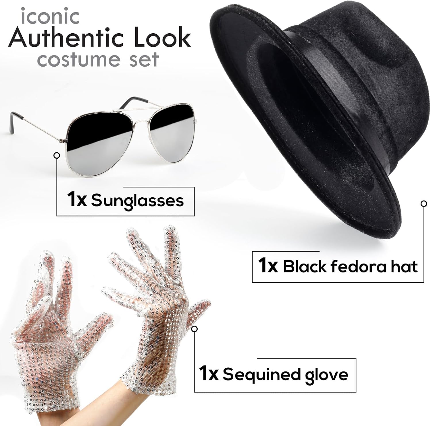 Michael Jackson Costume - Set of 3 - Fedora Sequin Gloves Aviator Sunglasses