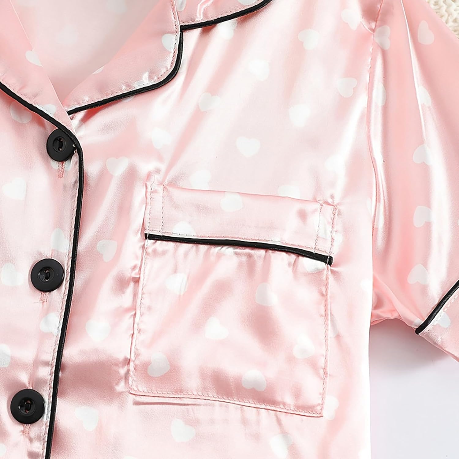 Toddler Girls Satin Pajamas Set with Heart Print and Buttons