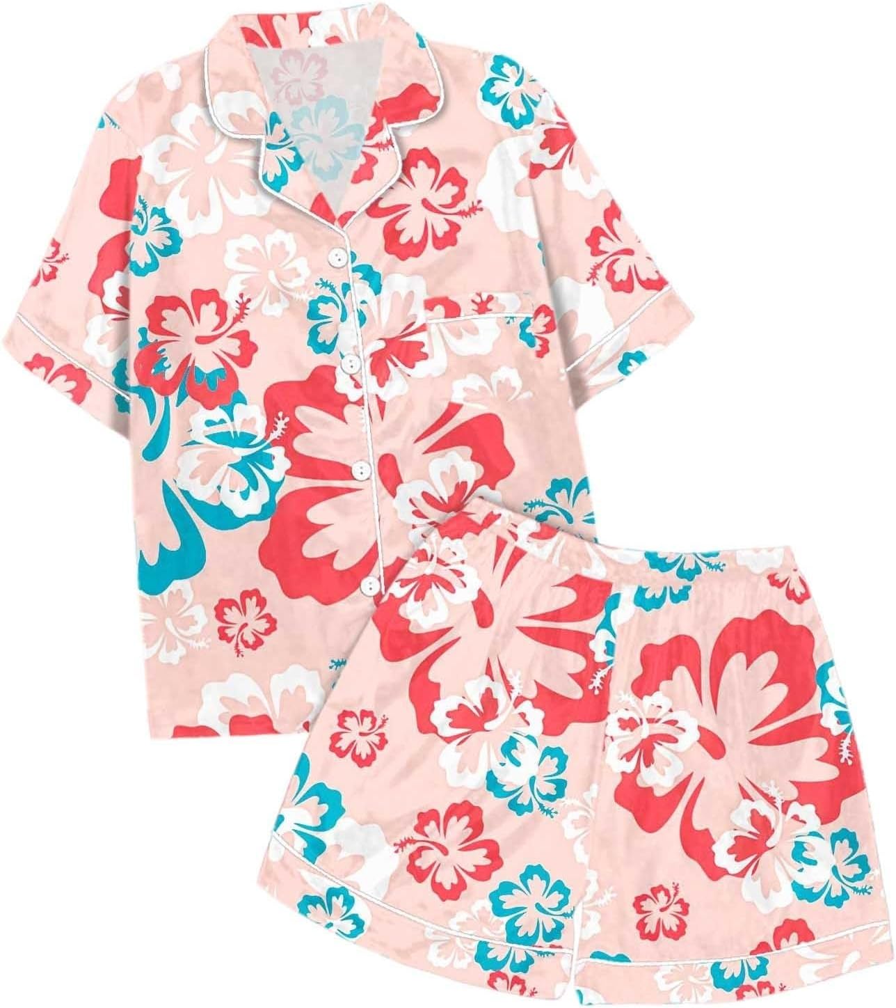 Kids Girls Flower Print Pajama Set with Shirts and Shorts