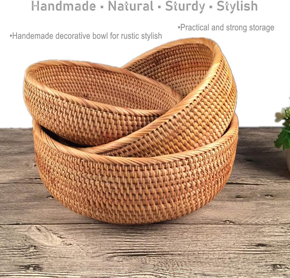 Amololo 8 Inch Round Rattan Fruit Basket with Deep Wall