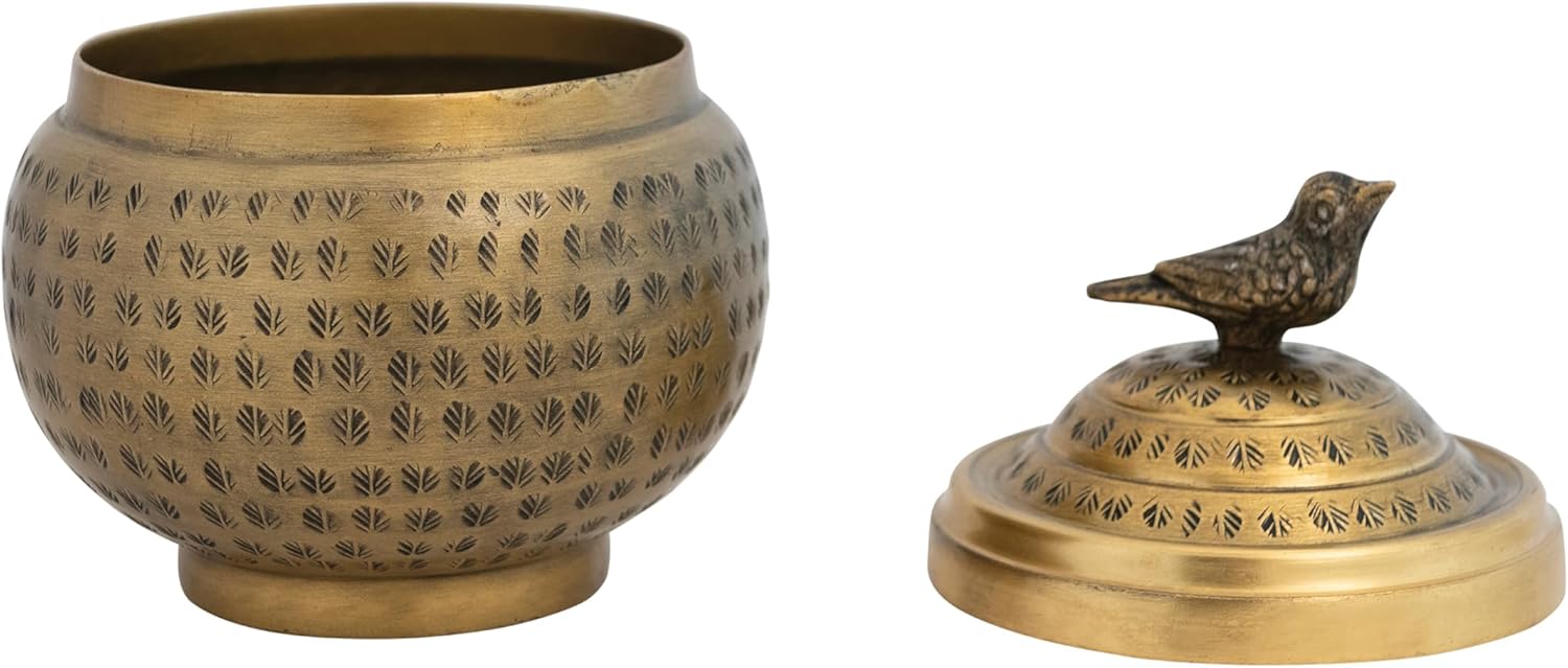 Creative Co-Op Brass Finish Decorative Jar with Bird Top