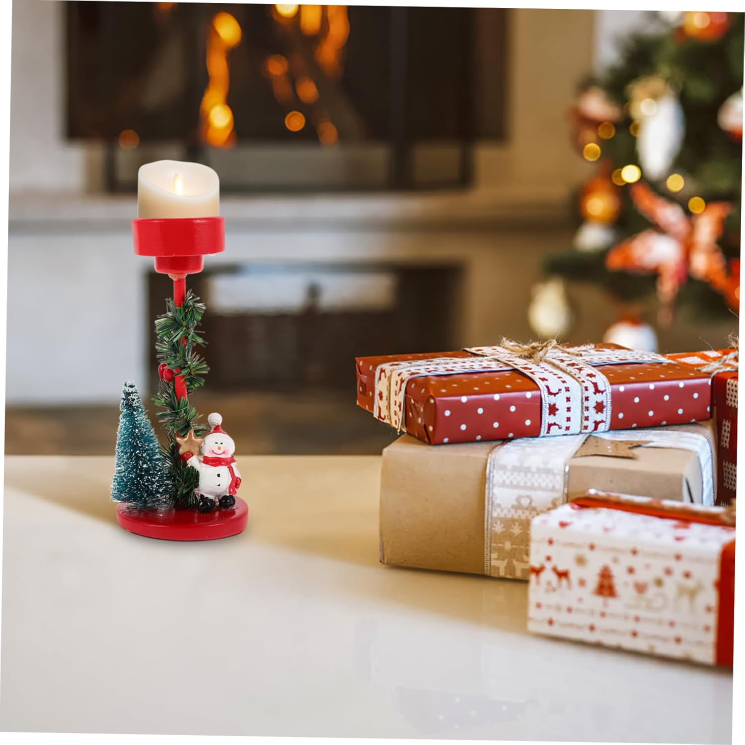 Snowman Theme Candle Holder Christmas Decor Festive Holiday Centerpiece