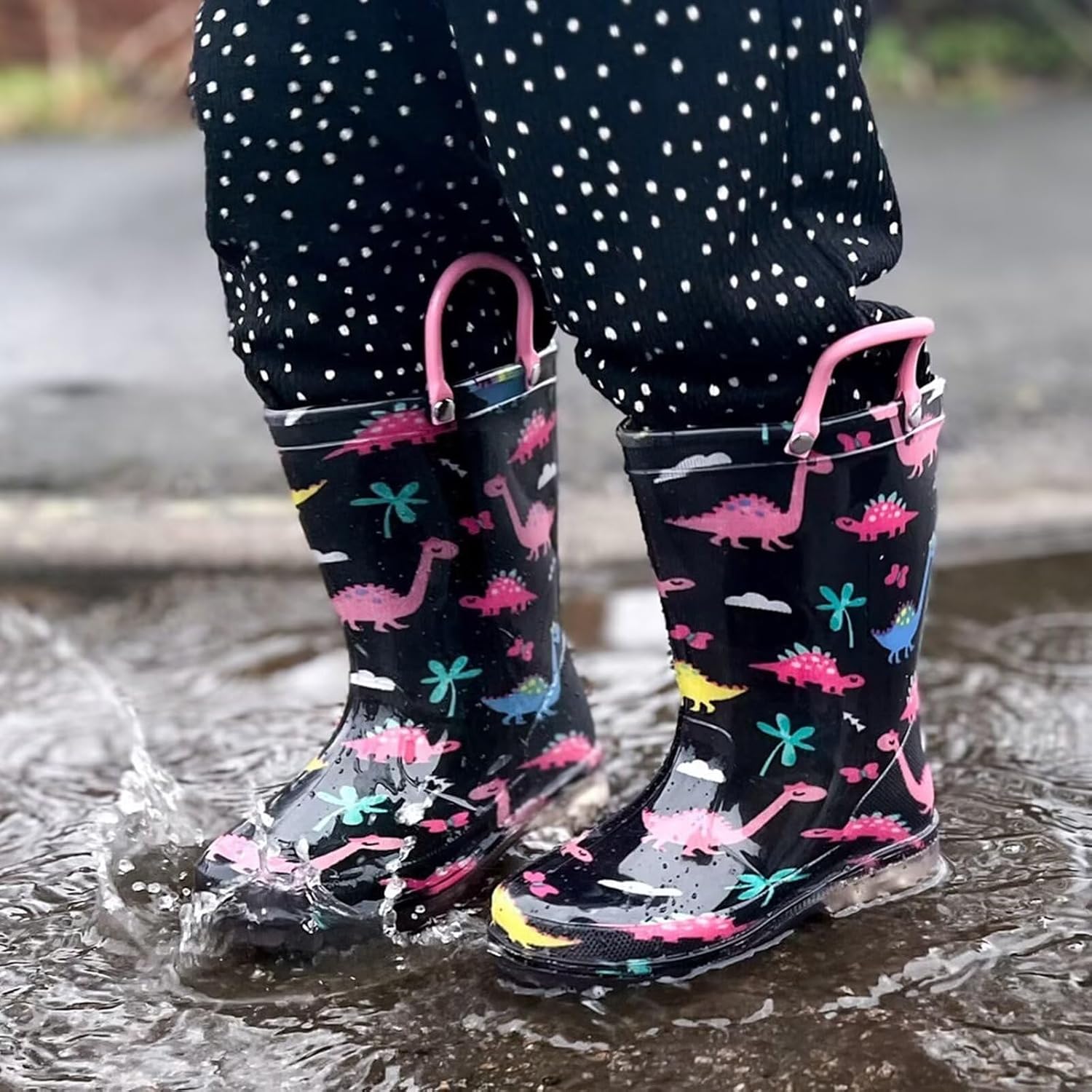 EUXTERPA Kids Waterproof Light Up Rain Boots with Glitter and Handles