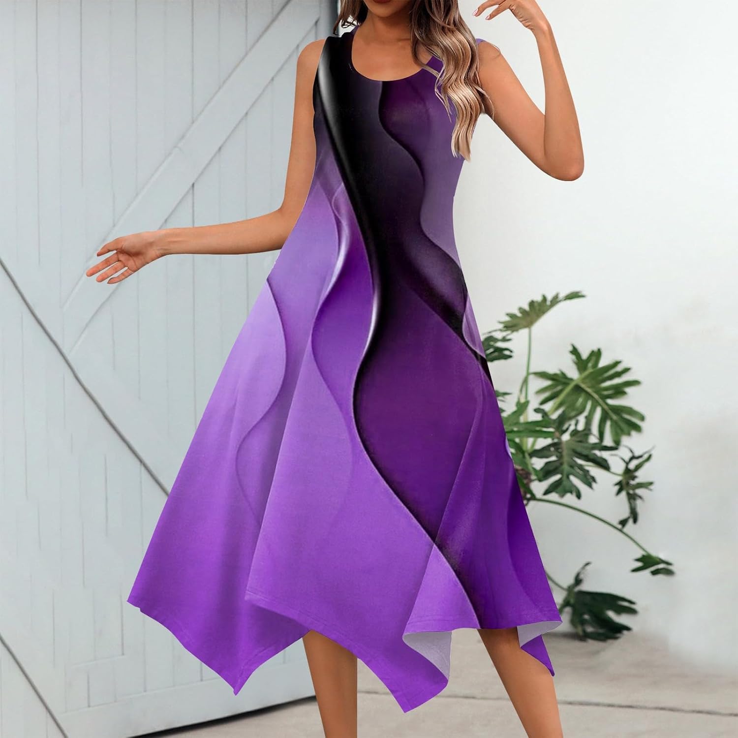 Womens Trendy Sleeveless Floral Dress with Irregular Hem