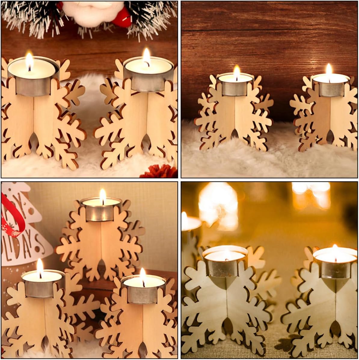 Snowflake Shape Wooden Candlestick Set 6pcs Christmas Decor