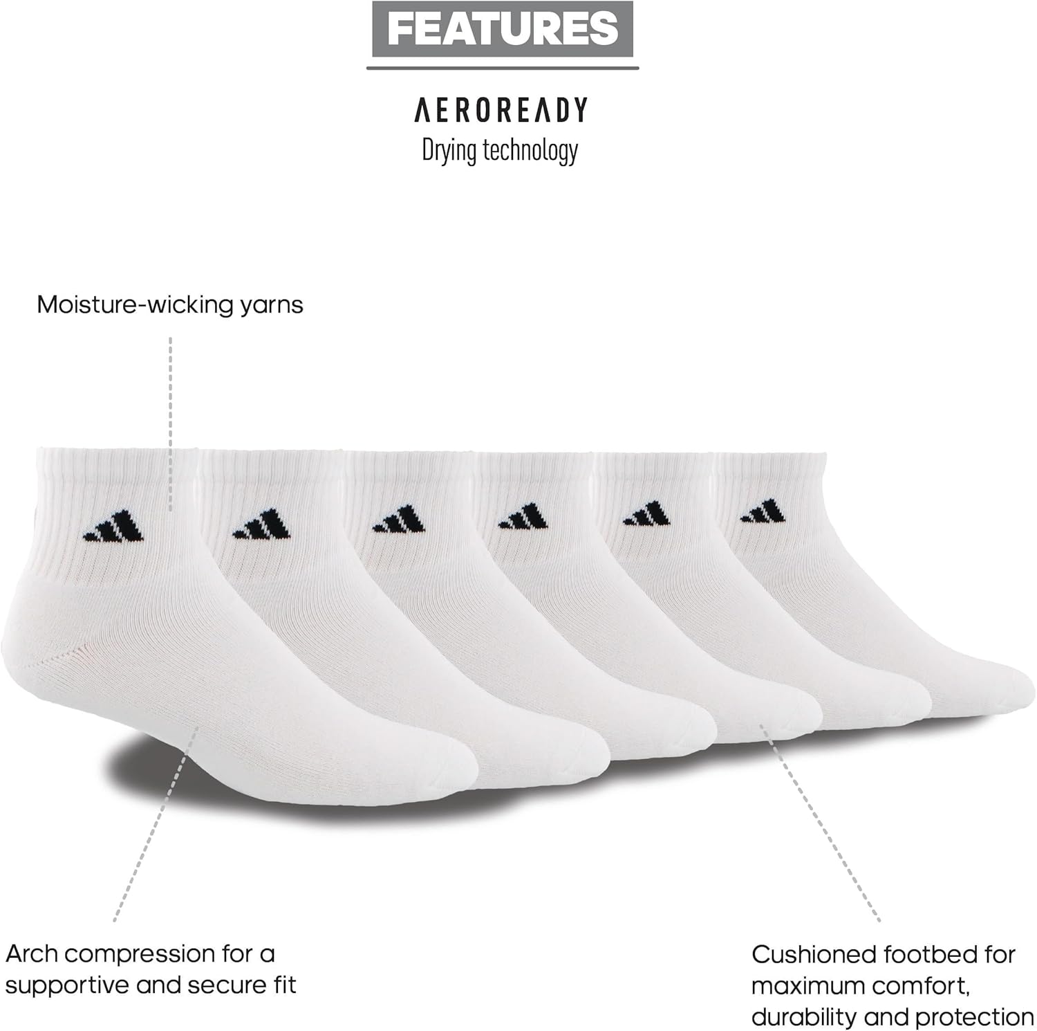 adidas Mens Athletic Cushioned Quarter Socks 6 Pairs
