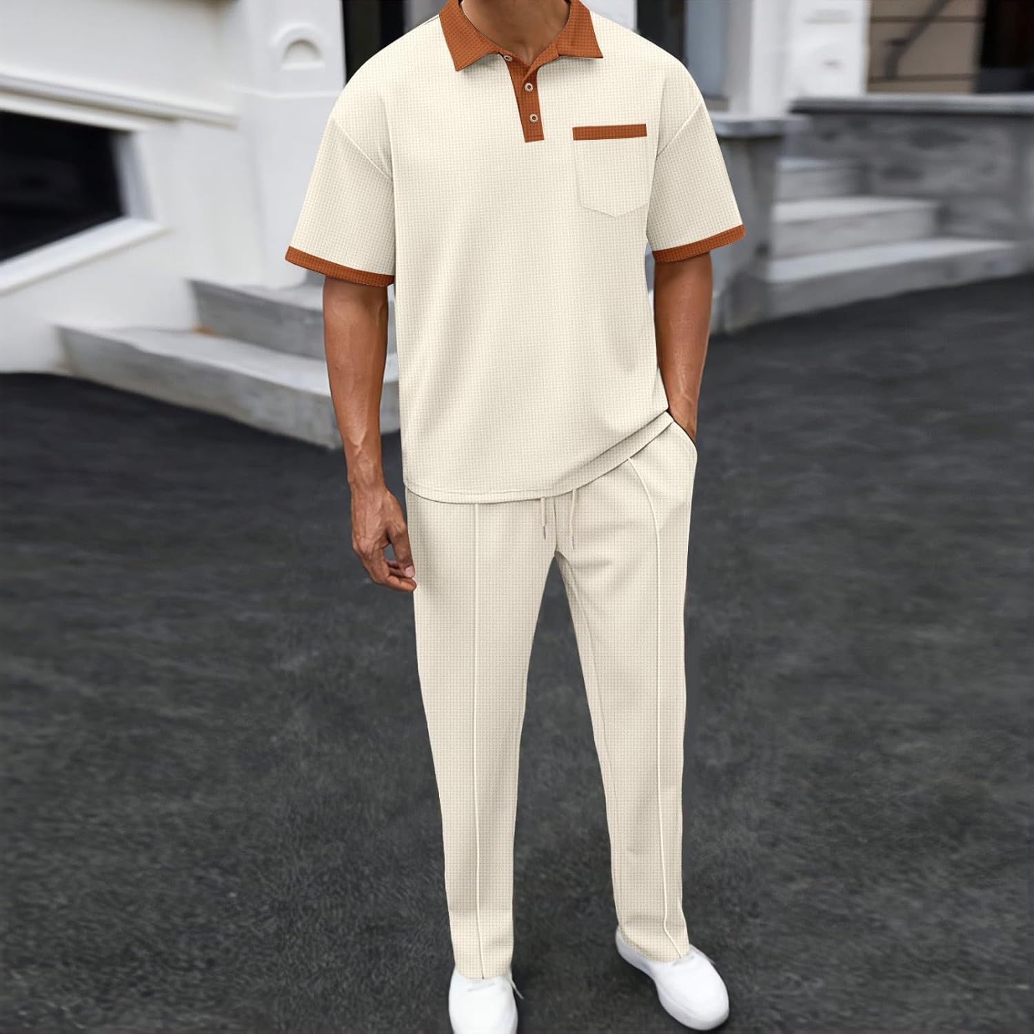 Mens 2 Piece Waffle Knit Polo Shirt and Pants Summer Set