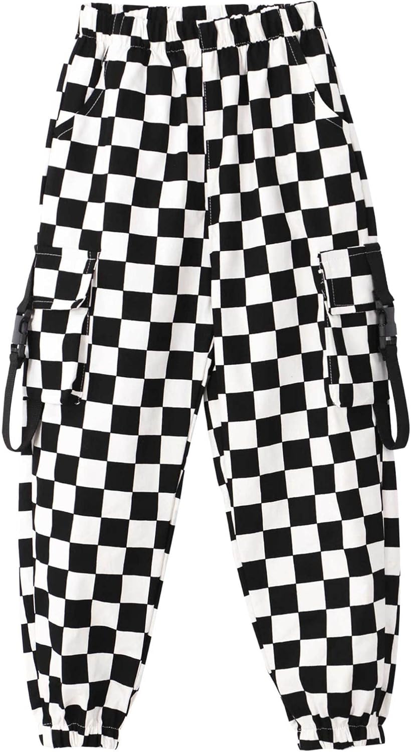 Aislor Kids Girls Plaid Print Cargo Jogger Pants