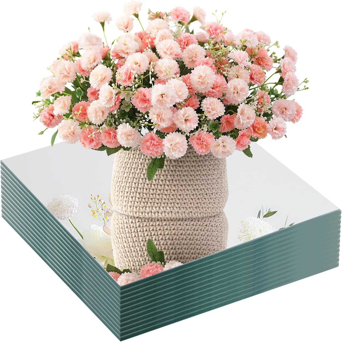 8 Square Glass Mirror Centerpieces 12Pcs with Non-Slip Feet