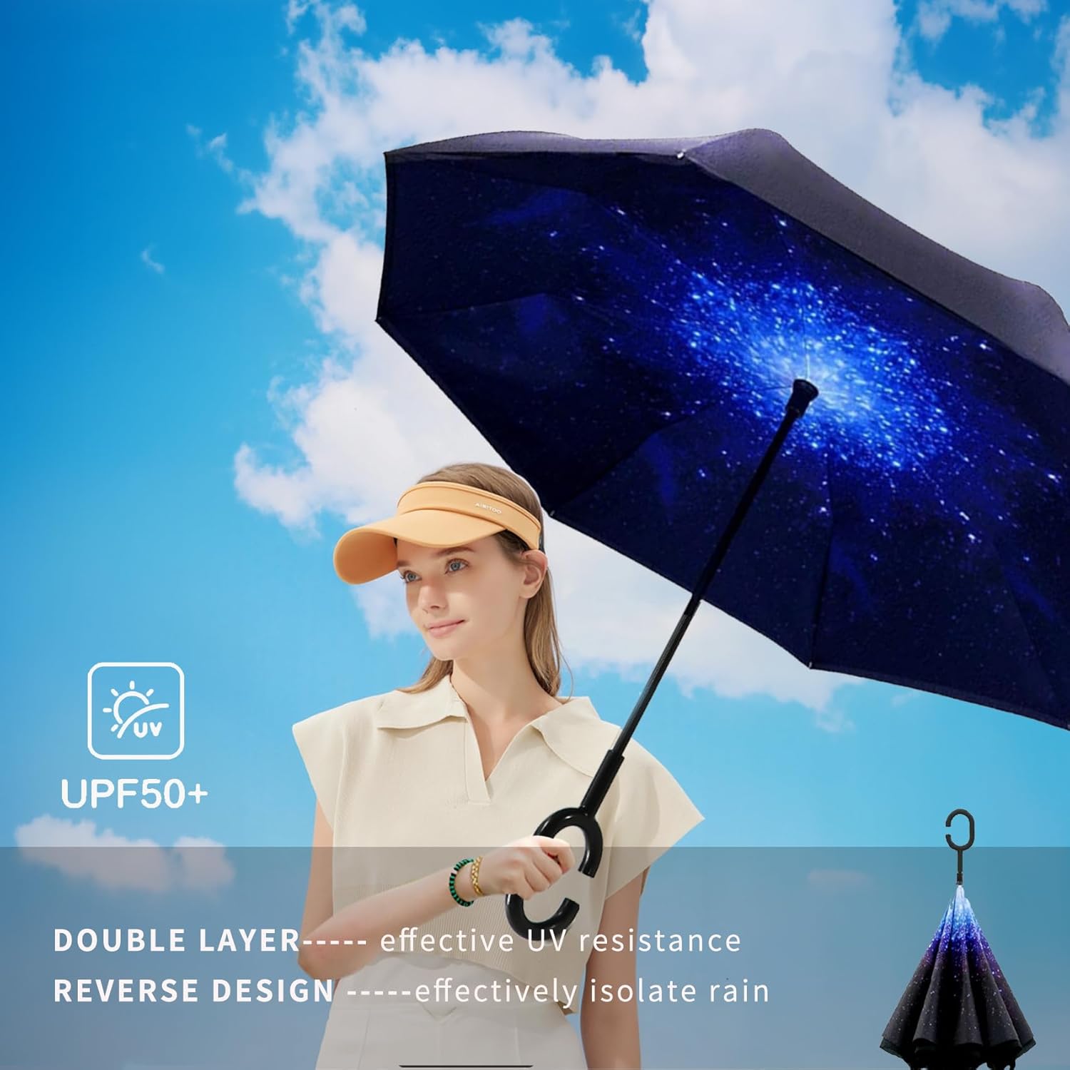SIEPASA 49 Inch Reverse Stick Umbrella with Double Canopy