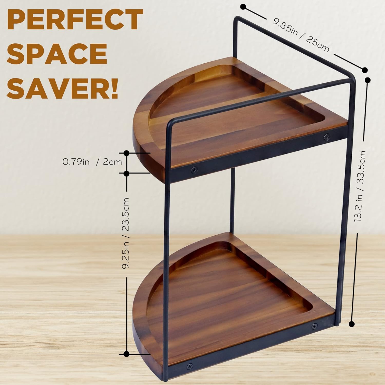 2 Tier Acacia Wood Corner Shelf Organizer 132x99 Inch