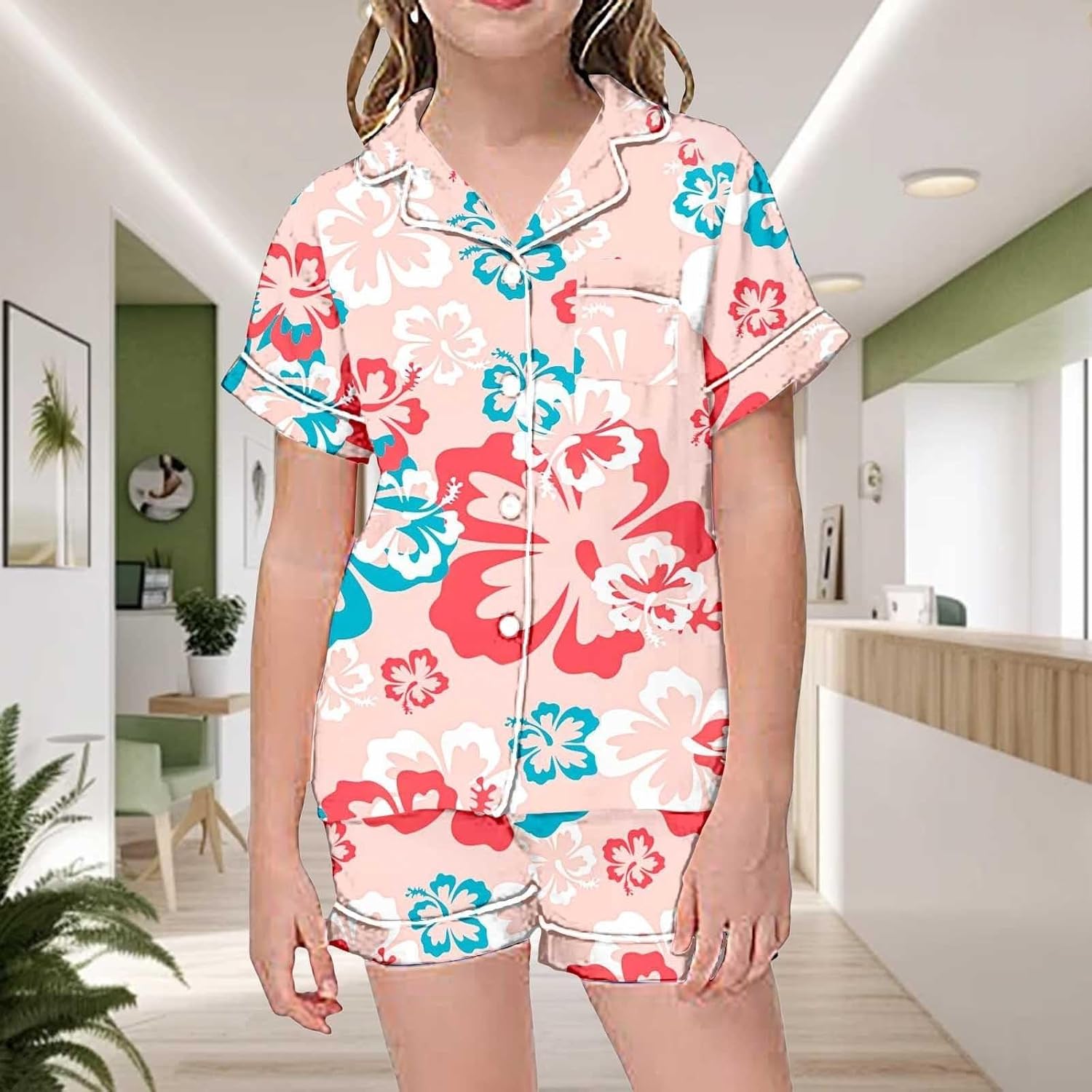Kids Girls Flower Print Pajama Set with Shirts and Shorts