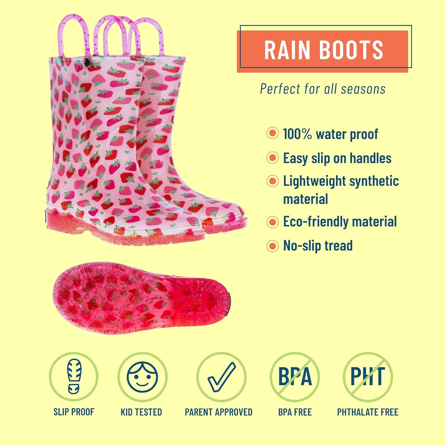 Wildkin Kids Rain Boots with Slip-On Handles and No-Slip Tread