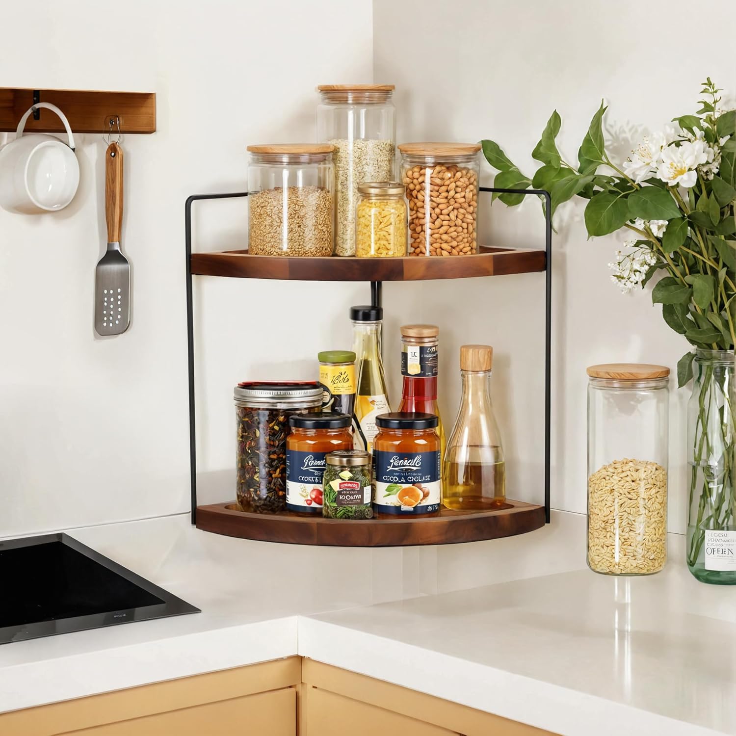 2 Tier Acacia Wood Corner Shelf Organizer 132x99 Inch